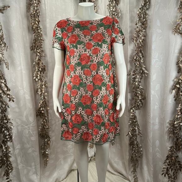 Tahari Floral Embroidered Lace Dress Pink Green Red 14 Elegant Cocktail - Picture 2 of 12
